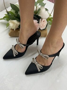 Elegant Black Satin Pointed-Toe Heels with Crystal Bow
